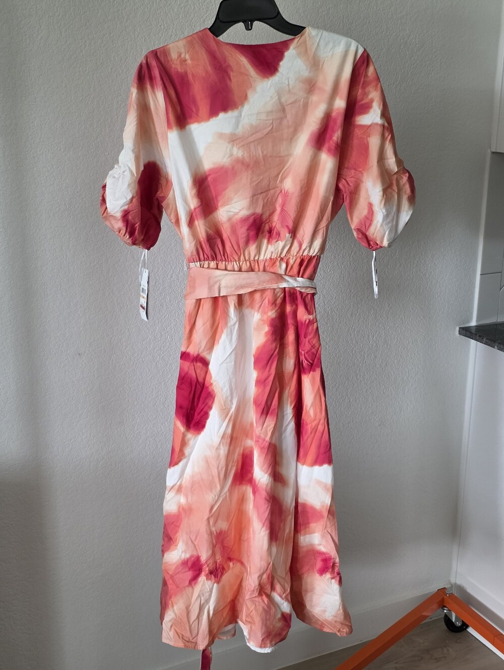 DKNY Petite Watercolor Floral Midi Dress Size 10P Pink Orange 100% Cotton Belted - Picture 8 of 10
